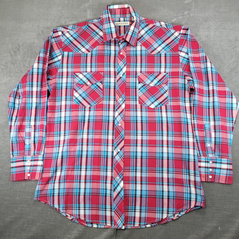 Roper Mens XL Pink Blue Plaid‎ Pearl Snap Long Sleeve Western Shirt Cowboy Rodeo